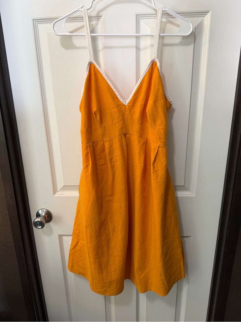 Boho Sunshine Linen Blend Mustard Orange Resort Spaghetti Strap Mini Dress Sz 8 - Picture 2 of 7